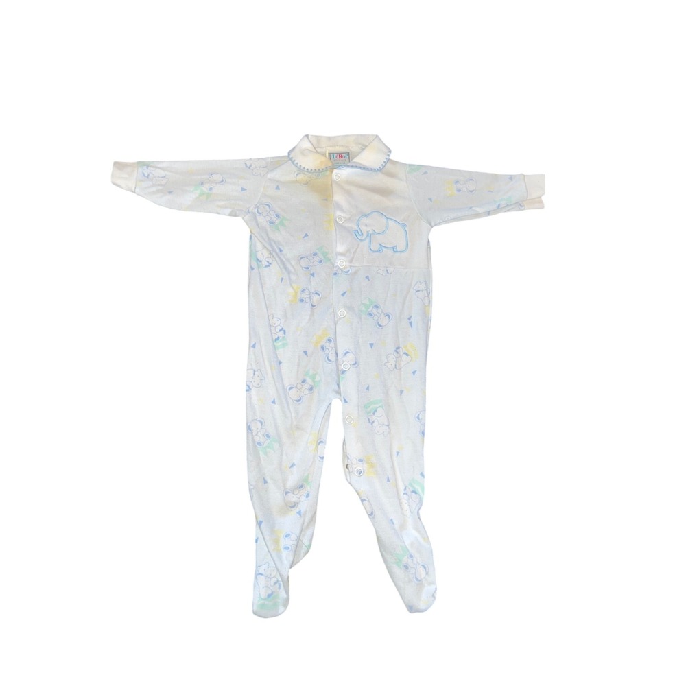 Vintage LeRoi Kov-R-Alls Baby Footed Sleeper Elephant Bear Print Blue White